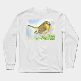 Robin bird on a frosted juniper branch Long Sleeve T-Shirt